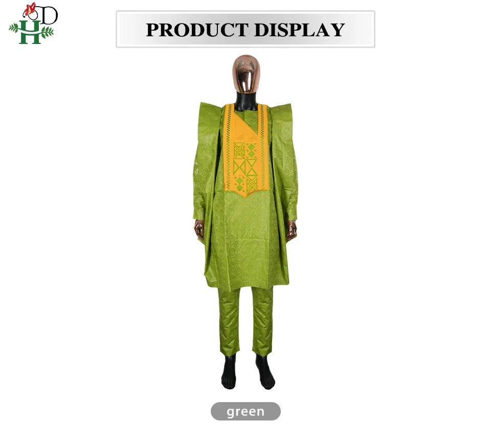 H&D African Clothing For Man Traditional Agbada Sets 3PCS Green Bazin Riche Shirt Pant Embroidery Wedding Party Suits Plus Size