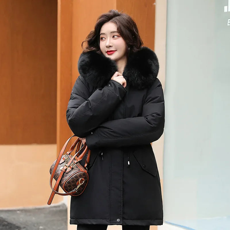 Women's Long Fashionable Hooded Winter Fur Collar Jacket