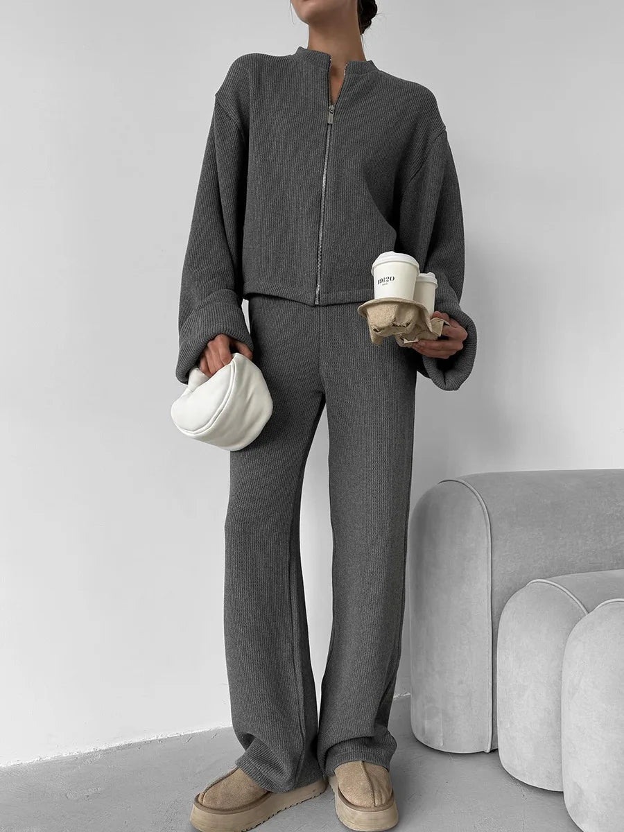 Women's Zip up Jacket And Wide Leg Pants Set Soft Knit Loose Long Sleeve Autumn Winter Casual Sweater Outfit