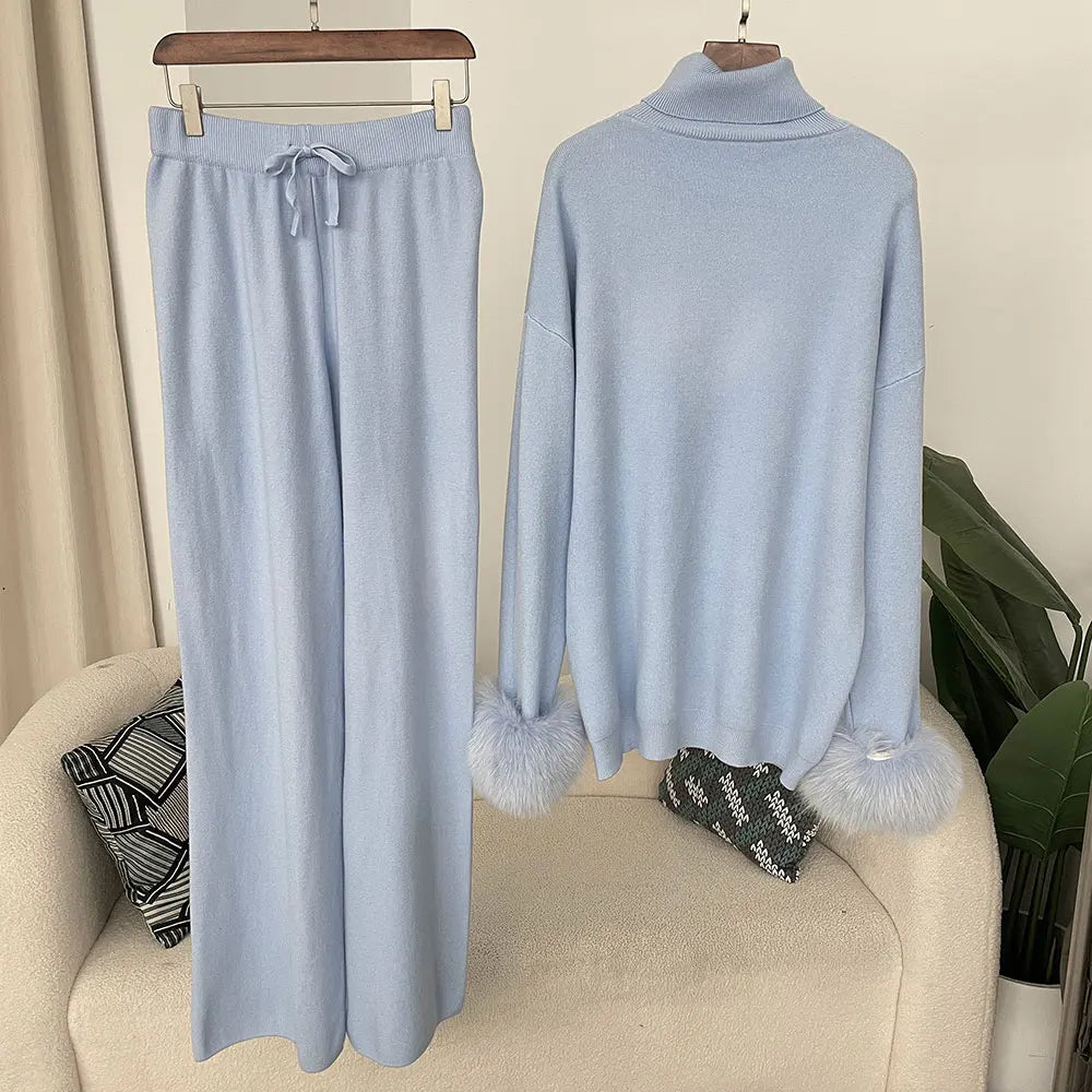 Fashion Autumn Winter Natural Real Fox Fur Cuffs Coat Knitted Sweater Women