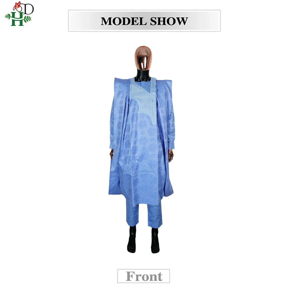 African Embroidery Blue Gown  Men Elegant Thobe 3 PC Top and Pants Suits Set