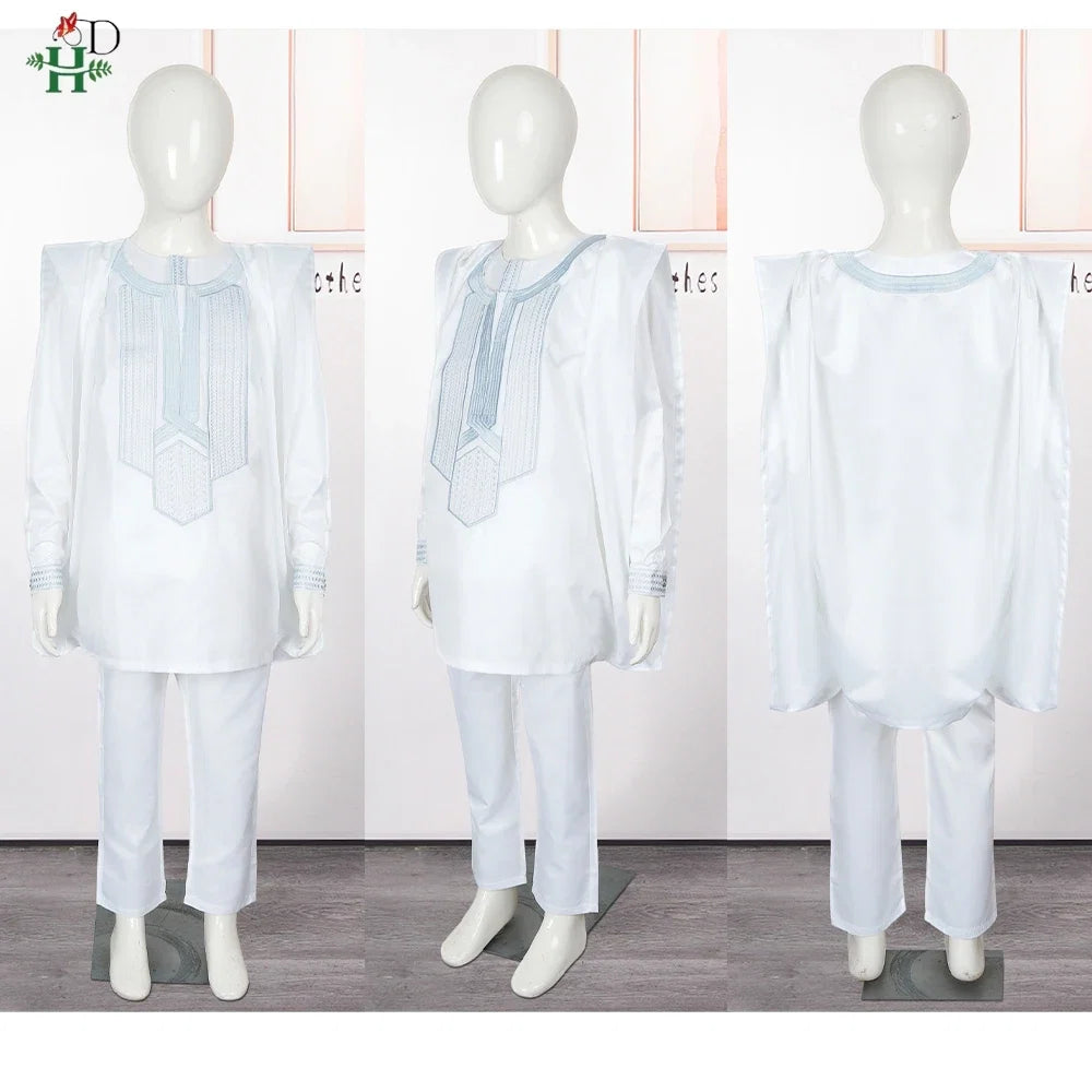 Boys White Blue Long Sleeve Tops Embroidery Dashiki Robe Shirt And Pant Set 3 PCS
