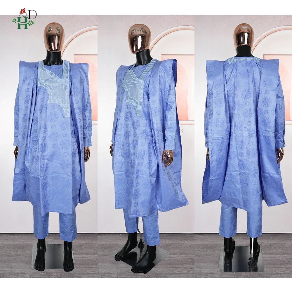 African Embroidery Blue Gown  Men Elegant Thobe 3 PC Top and Pants Suits Set