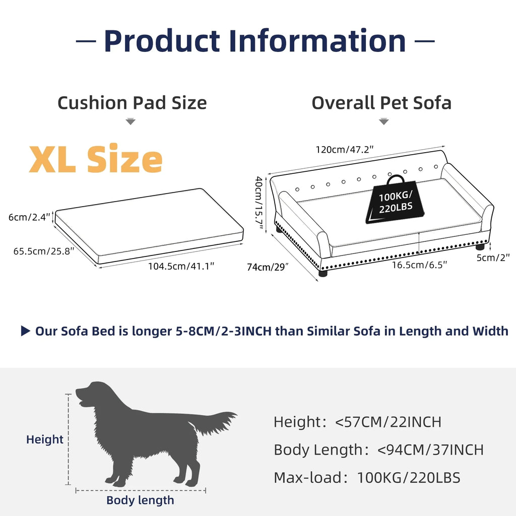 Dutch Velvet Upholstered Pet Lounge Chair, Dog Bed, Sofa, Couch Bed, Solid Wood Legs, Detachable Pad, Pet Supplies, L, XXL