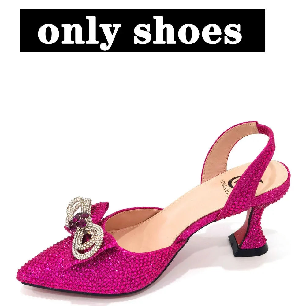 Rhinestone Bow Sequin Pointed Toe Slingback Heels — Shoes Only or With Matching Bag | 6 Colours | EU 37–43