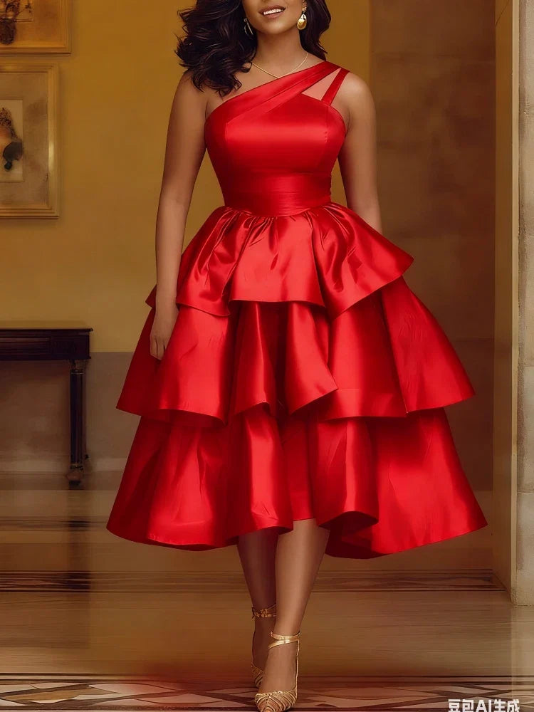 Women's Elegant One-Shoulder Ruffle Layered Party Dress Shiny Mid-Calf Gown for Christmas Birthday Wedding Guest Events
