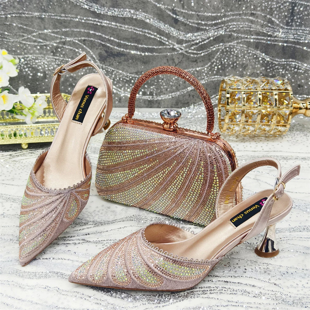 Diamond Studded Slingback Heels & Bag Matching Set — Butterfly Knot | 7 Colours | EU 37–43