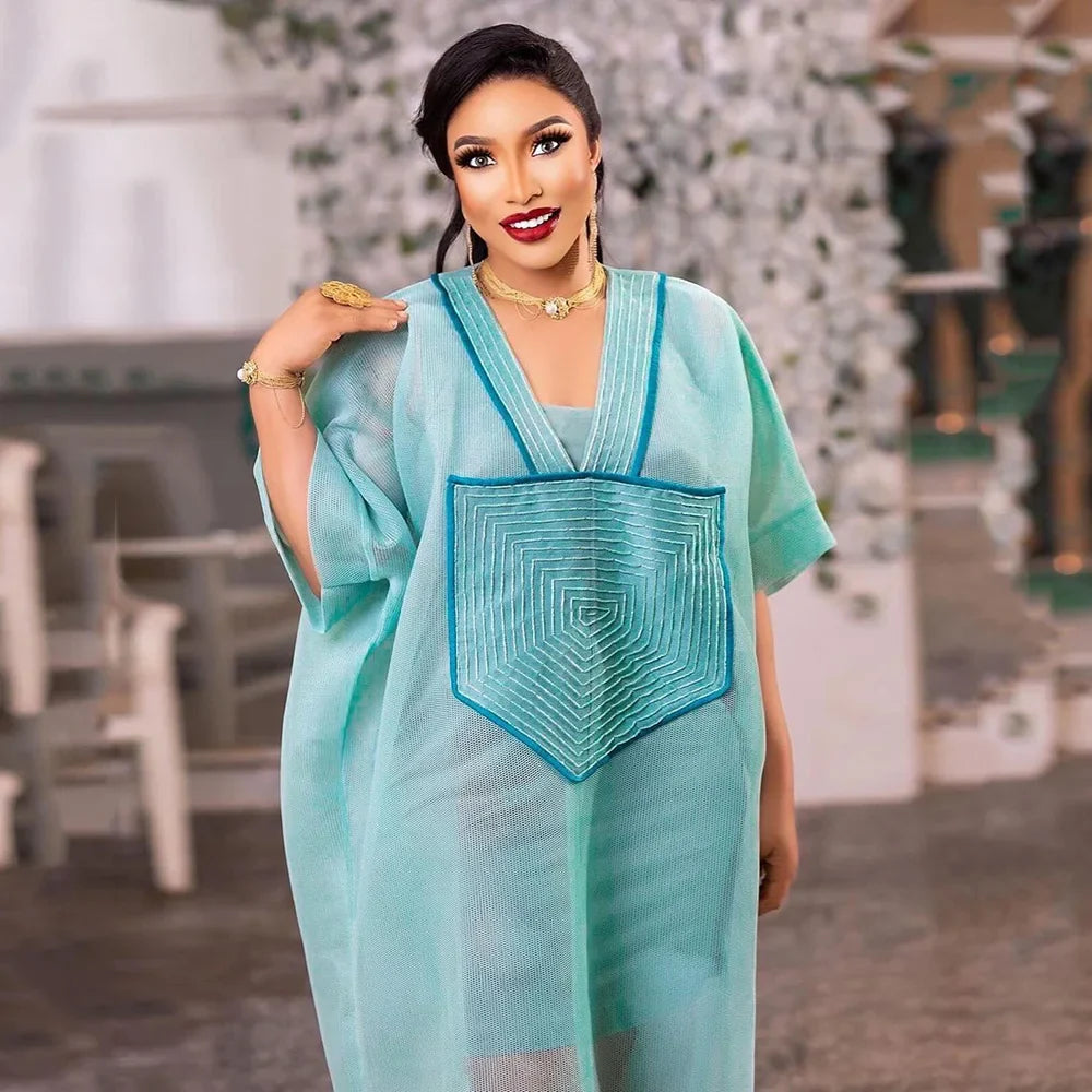 African Mesh Embroidered Deep V-Neck Skirt Set — Women’s Plus Size Traditional Clothing | Sky Blue | One Size