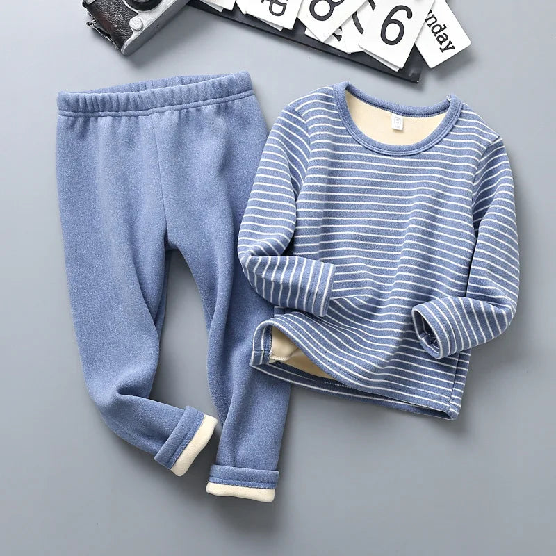 Children's Fleece Lined Thermal Underwear Set Boys Girls Stripe Design Thickened Unisex Autumn Thermal Pajamas 4-6 Years
