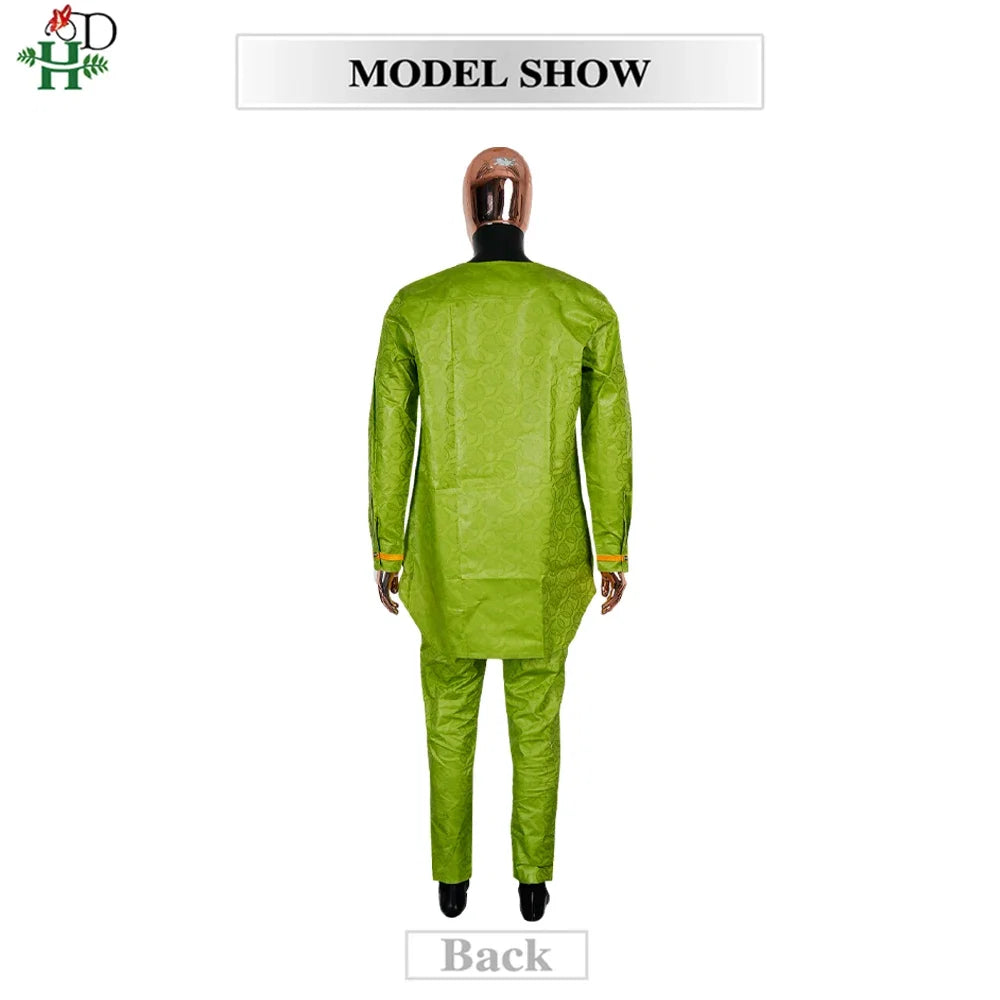 Men's Traditional Agbada 2PCS Green Bazin Riche Shirt and Pant