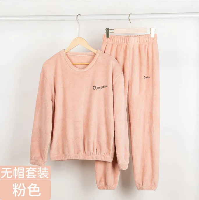 Double-Sided Coral Fleece Pajama Set Thickened Warm Leisure Wear for Autumn Winter Comfortable Polyester Sleepwear
