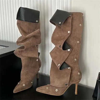 Denim Knee-High Pleated Boots – Thin High Heel