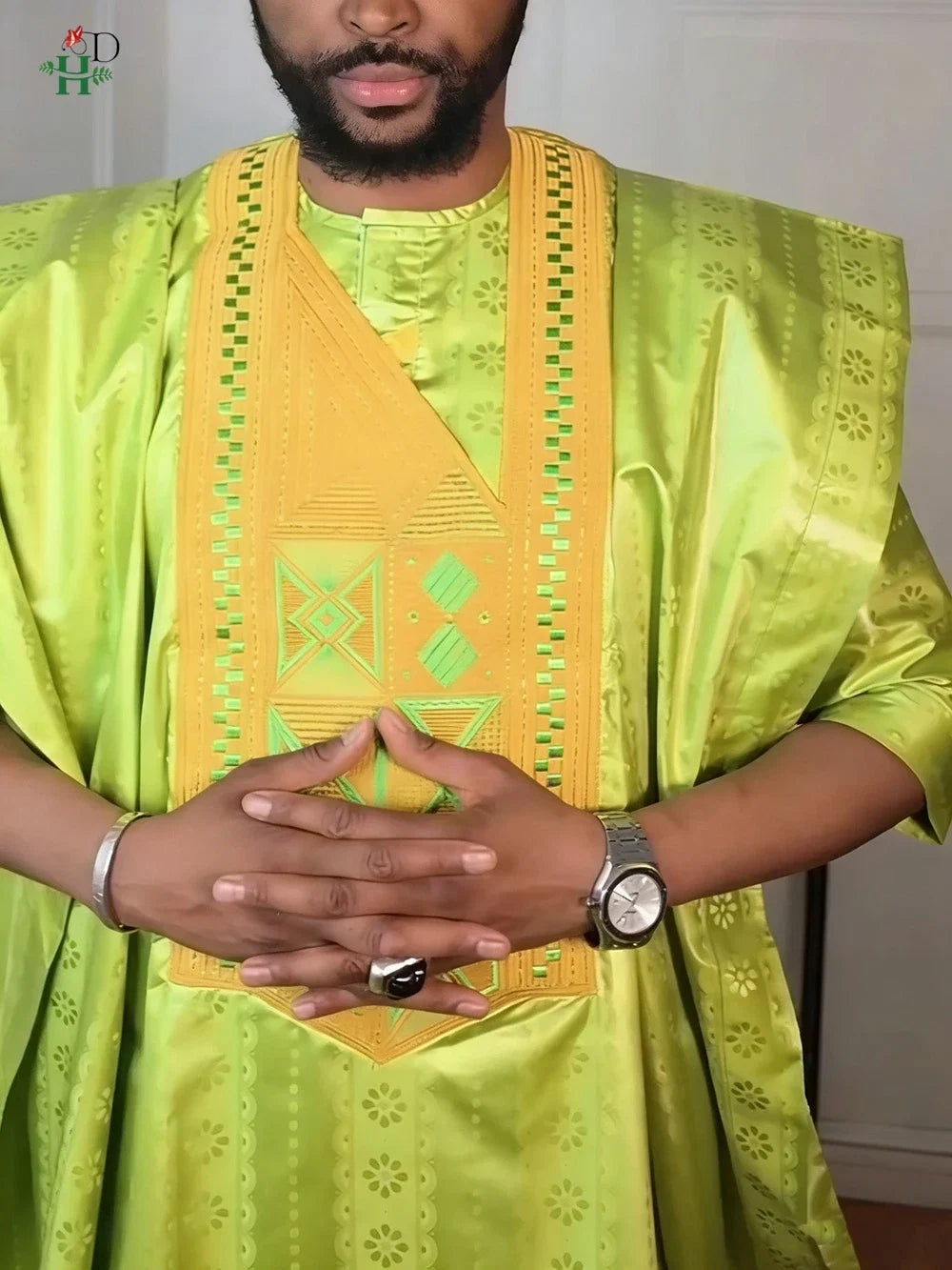 H&D African Clothing For Man Traditional Agbada Sets 3PCS Green Bazin Riche Shirt Pant Embroidery Wedding Party Suits Plus Size