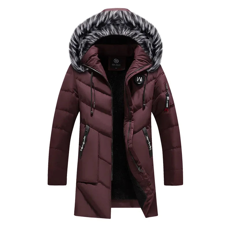 Men's Winter Thick Cotton Parka Casual Long Coat with Removable Hat Slim Fit Warm And Comfortable
