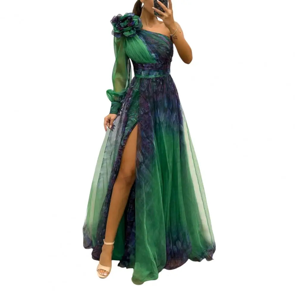 One Shoulder Pleated Chiffon Evening Dress | Floor-Length A-Line | 3D Floral | S–XL