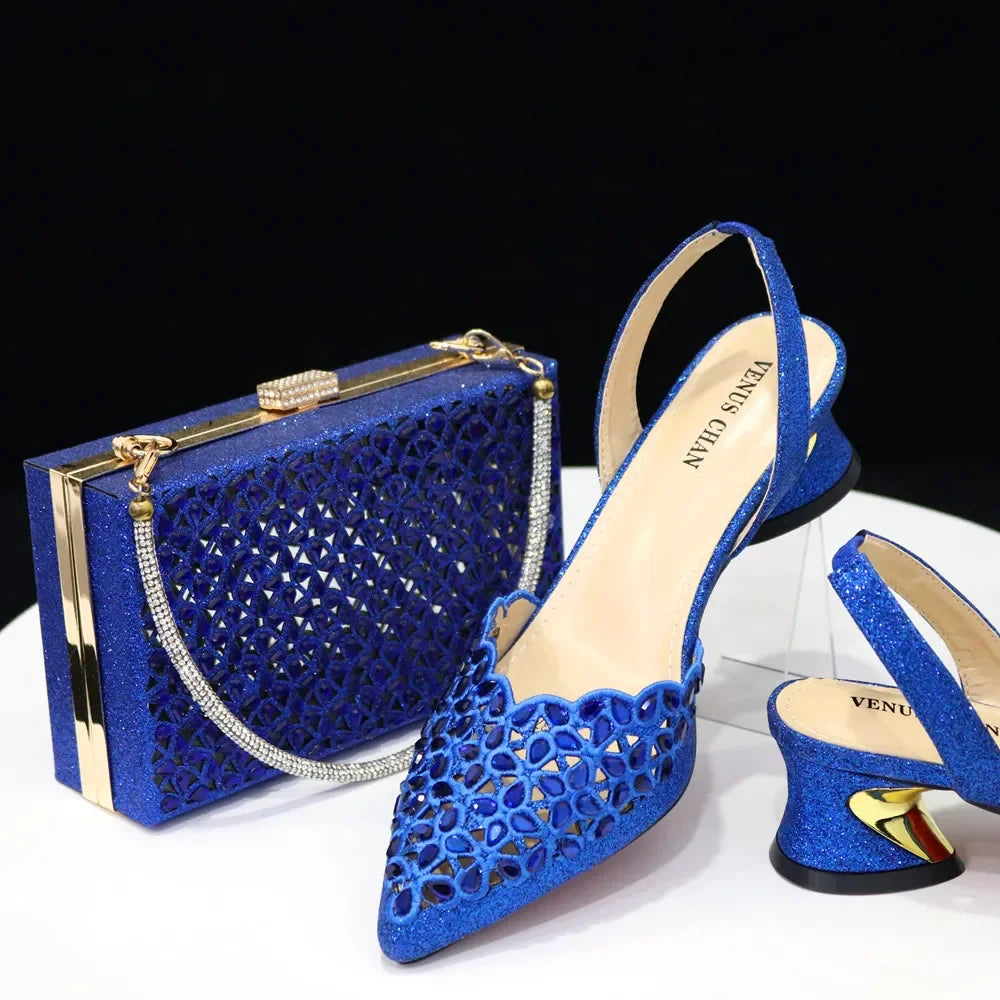 Hollowed Out Embroidery Rhinestone Pointed Toe Slingback Heels — Shoes Only or With Matching Bag | 5 Colours | EU 37–43