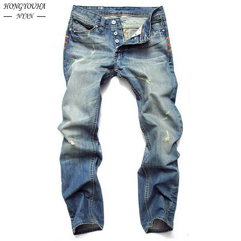 Streetwear Mens Slim Fit Ripped Straight Jeans Daily Male jeans pants Autumn