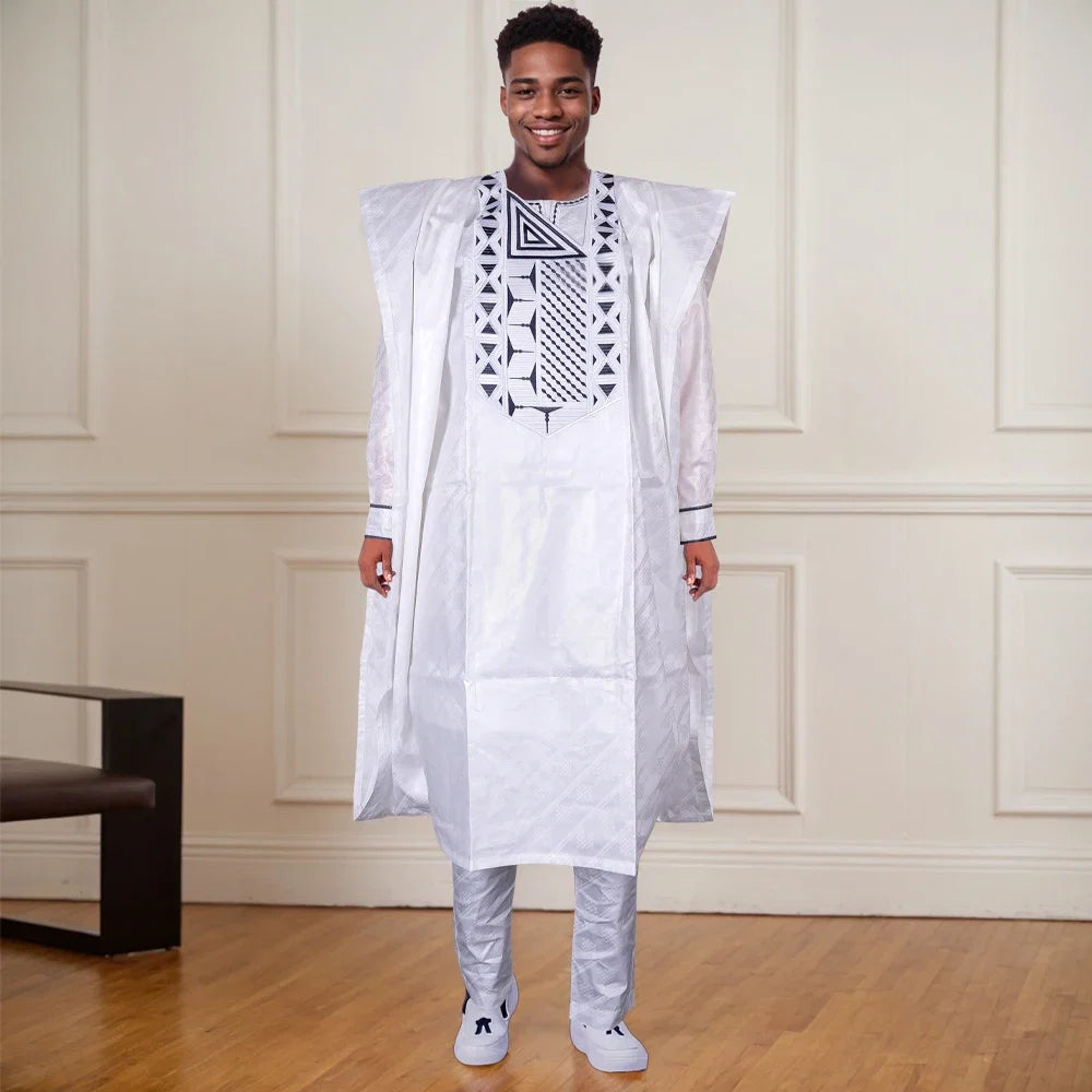 African Clothes for Men Traditional Rich Bazin Original Embroidery White Clothing Men 3 PCS Set Wedding Party Occasion 2024