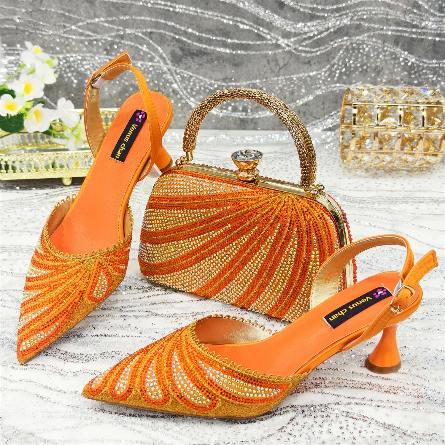 Diamond Studded Slingback Heels & Bag Matching Set — Butterfly Knot | 7 Colours | EU 37–43