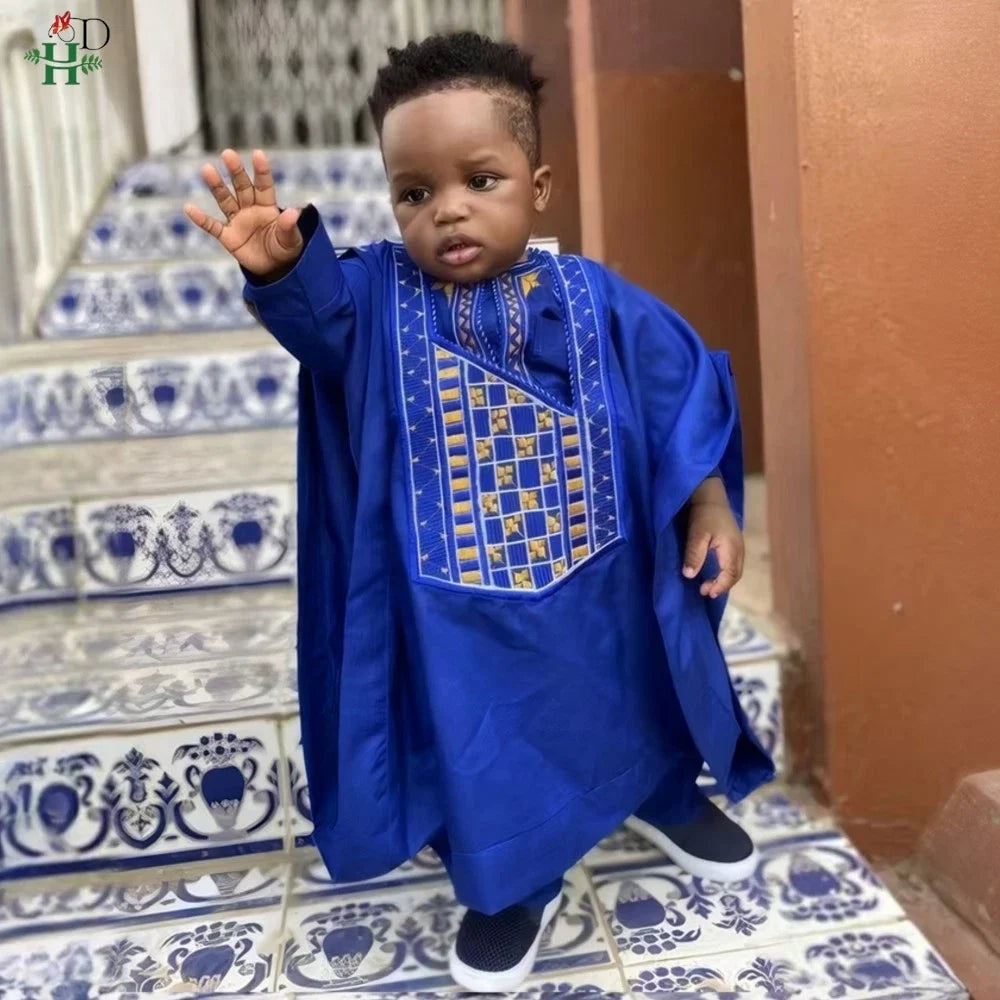 Boys White Blue Long Sleeve Tops Embroidery Dashiki Robe Shirt And Pant Set 3 PCS