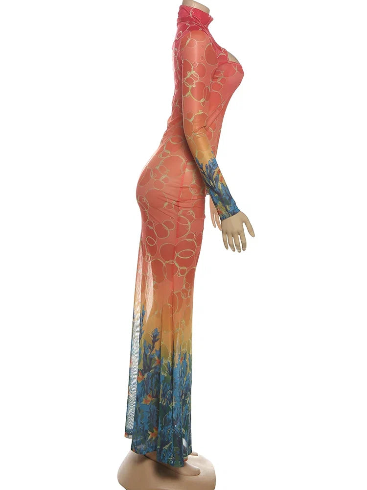 kliou Mesh Panelled Women Maxi Dress Sexy Stunning Point Print Full Sleeve O-neck Sheath Robe Mujer Hipster Festival Party Frock