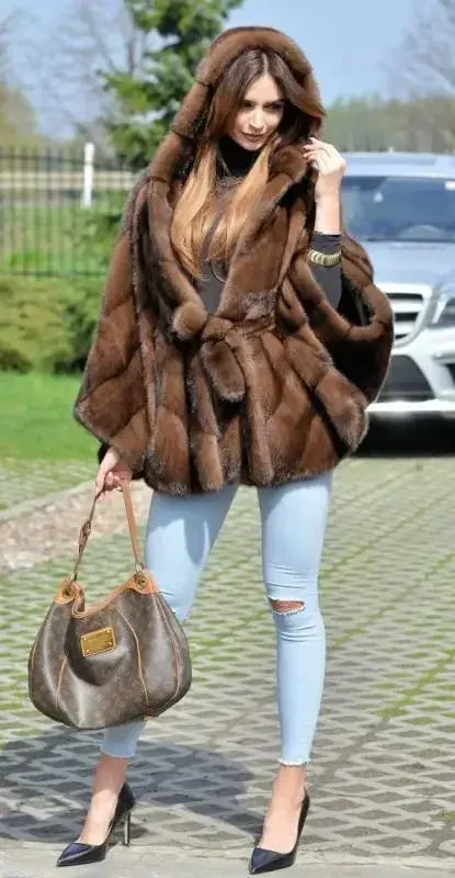 Faux Fur Hooded Batwing Sleeve Women’s Winter Coat — Double-Faced | Coffee | One Size