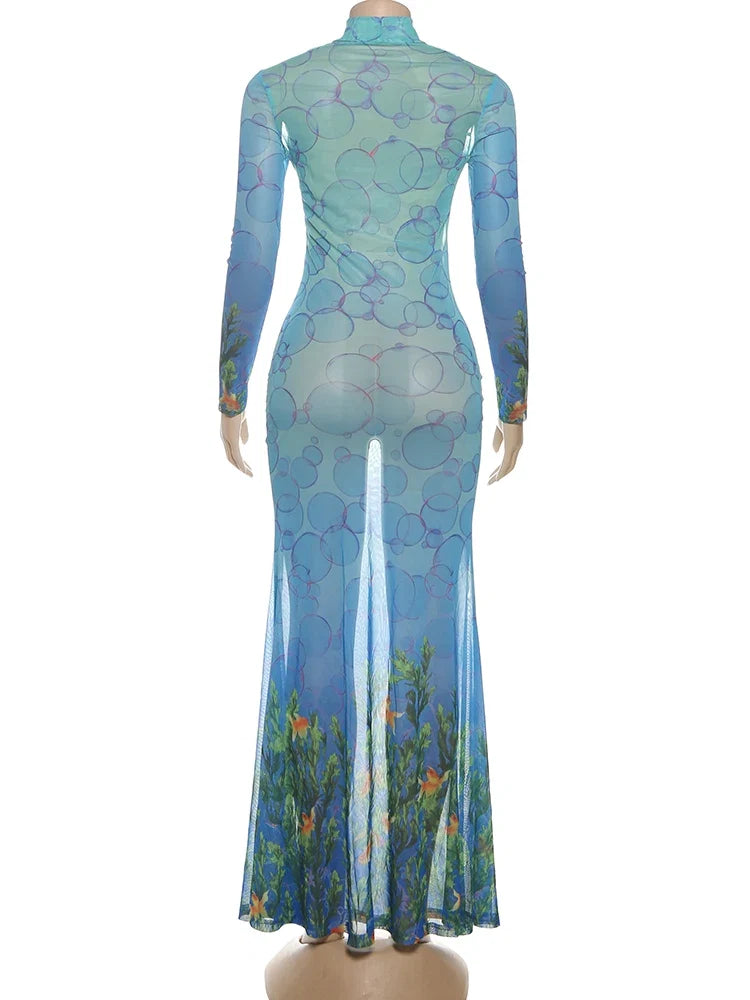 kliou Mesh Panelled Women Maxi Dress Sexy Stunning Point Print Full Sleeve O-neck Sheath Robe Mujer Hipster Festival Party Frock