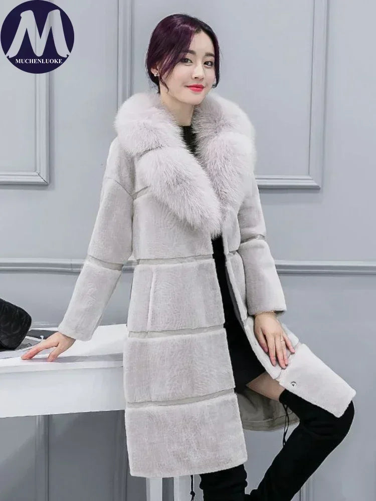 Women's Elegant Imitation Faux Fur Collar Warm Coat Fashion Plush V-Neck Button Detail