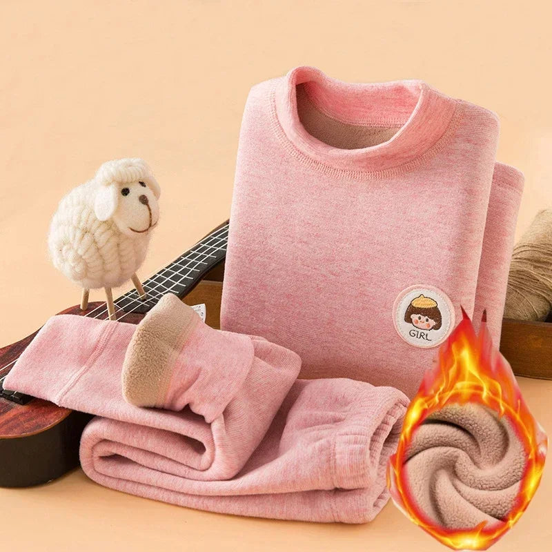 Unisex Thermal Long Johns Set for Kids 2-14 Years Winter Fleece Thick Underwear Soft Toddler Homewear Polyester Daily Wear