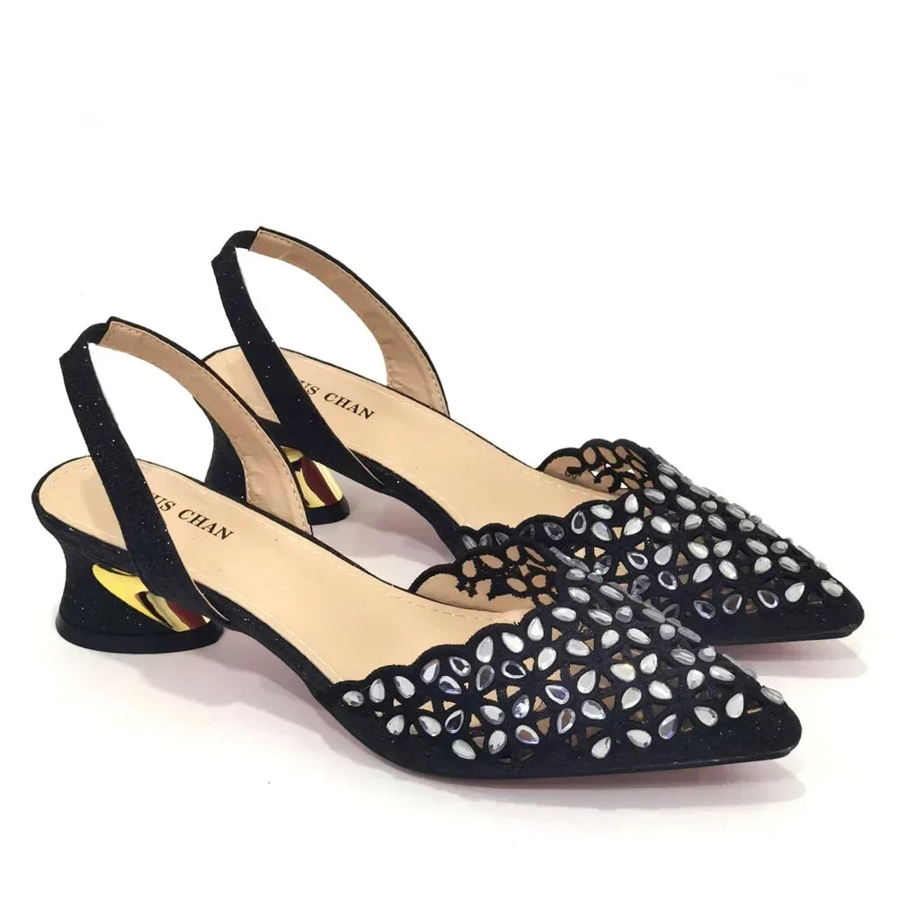 Hollowed Out Embroidery Rhinestone Pointed Toe Slingback Heels — Shoes Only or With Matching Bag | 5 Colours | EU 37–43