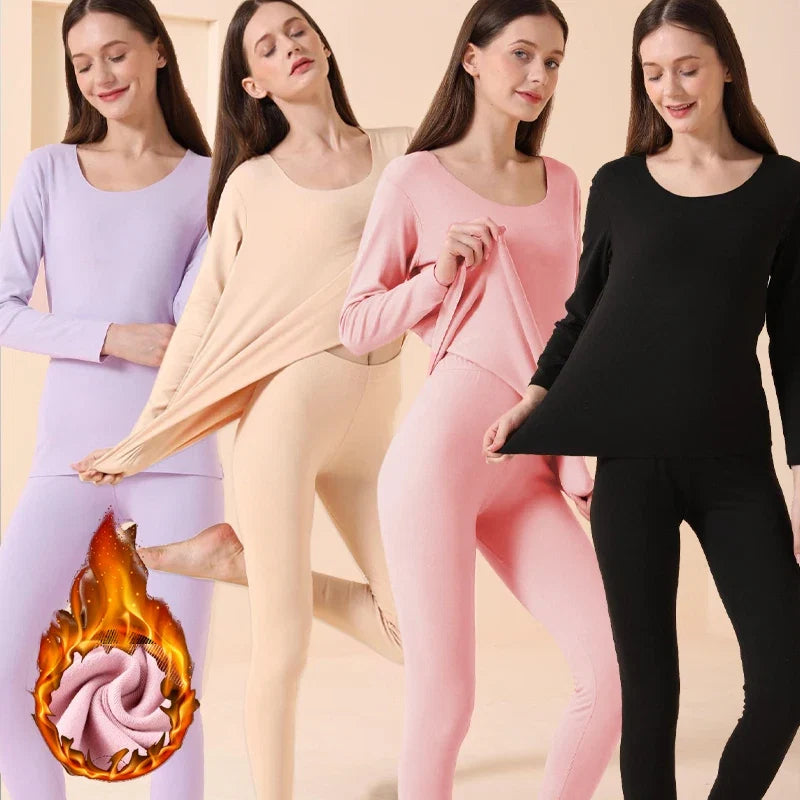 Women's Seamless Thermal Underwear Set Winter Warm Comfortable Solid Lingerie Long Johns Sexy Knitted Polyester Elastane Blend