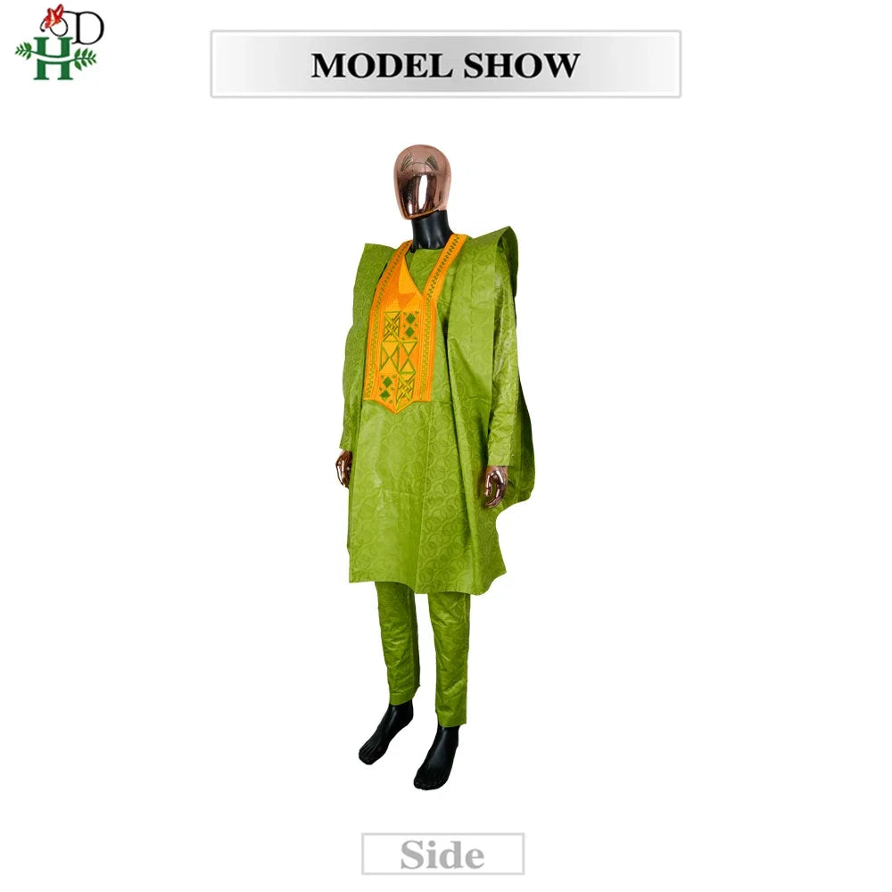 H&D African Clothing For Man Traditional Agbada Sets 3PCS Green Bazin Riche Shirt Pant Embroidery Wedding Party Suits Plus Size