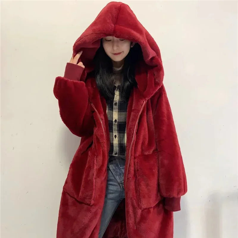 Winter Faux Fur Fashionable Hooded Cotton Long Plush Fleece Temperament Loose Jacket for Women