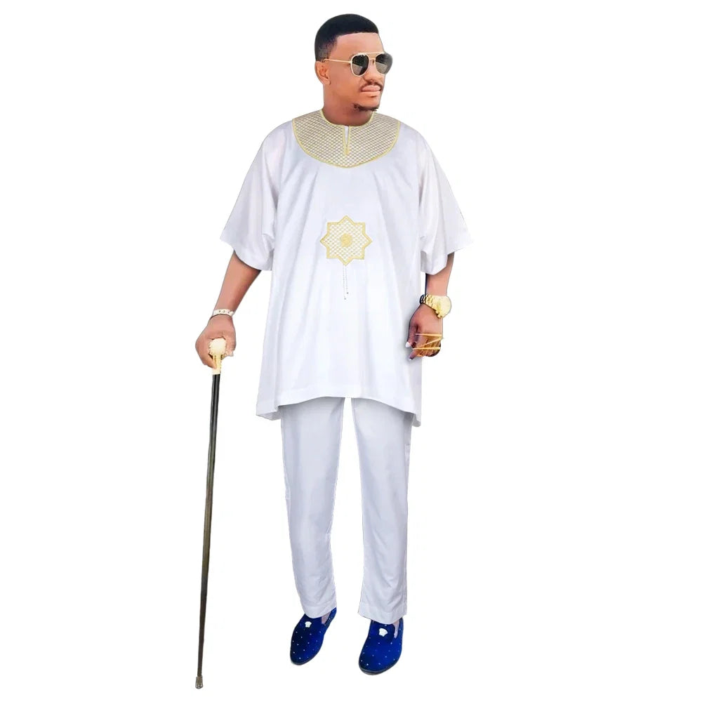 African Clothes for Men 2 Pieces Set Blue Embroidered Tops and Pants Traditional Clothing Rich Bazin