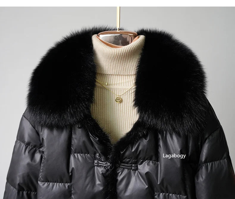 Women's White Duck down Jacket 2025 Winter Collection Real Faux Fur Collar Hair Puffer Coat Vintage Street wear