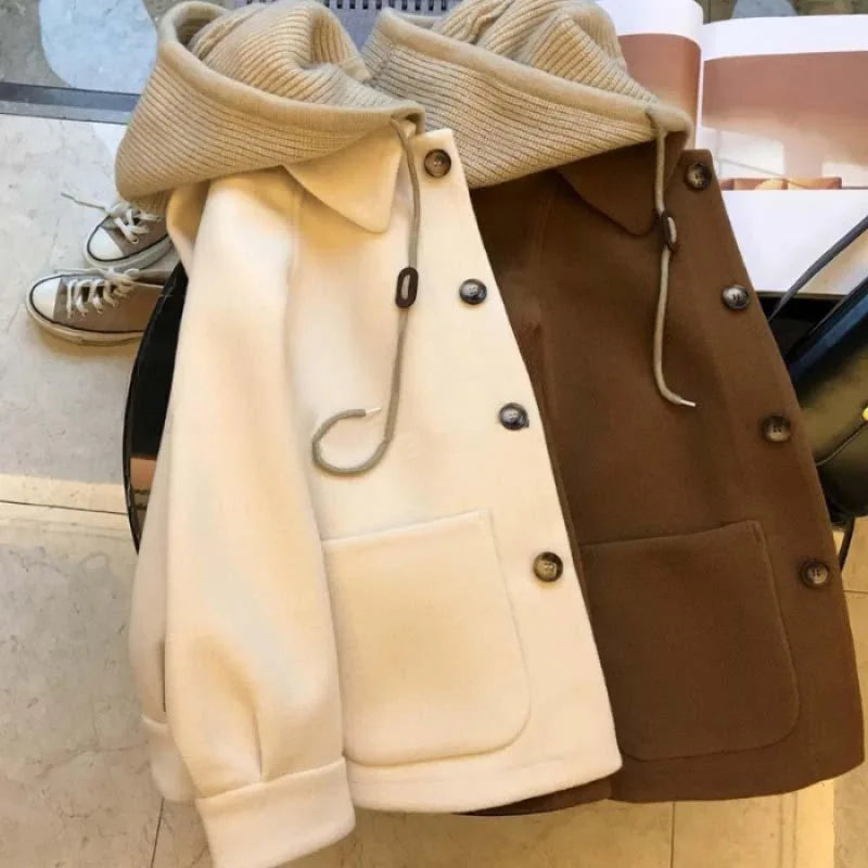 Winter Woolen Coat Women's High-end Feel Knitted Hooded Thickened Top Two-piece