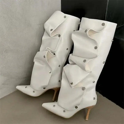 Denim Knee-High Pleated Boots – Thin High Heel