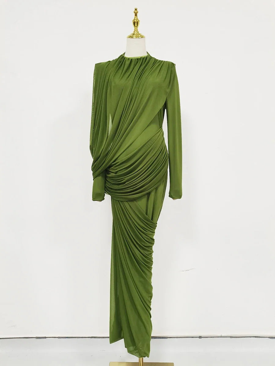 Women's Elegant Vintage Spliced Ribbon Turtleneck Long Sleeve Evening Maxi Dress