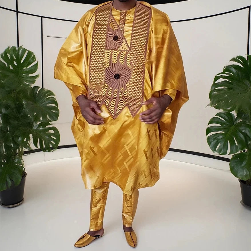 African Men Traditional Embroidery Bazin Riche Dashiki Yellow Shirt Pants 3PCS Bubu Dress Suit