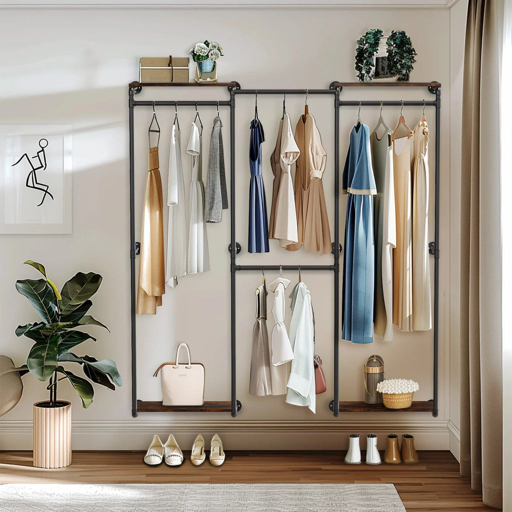 Industrial Pipe Clothes Rack, Wall-Mounted Metal Clothes Stand, Walk-in Wardrobe, with Shelves