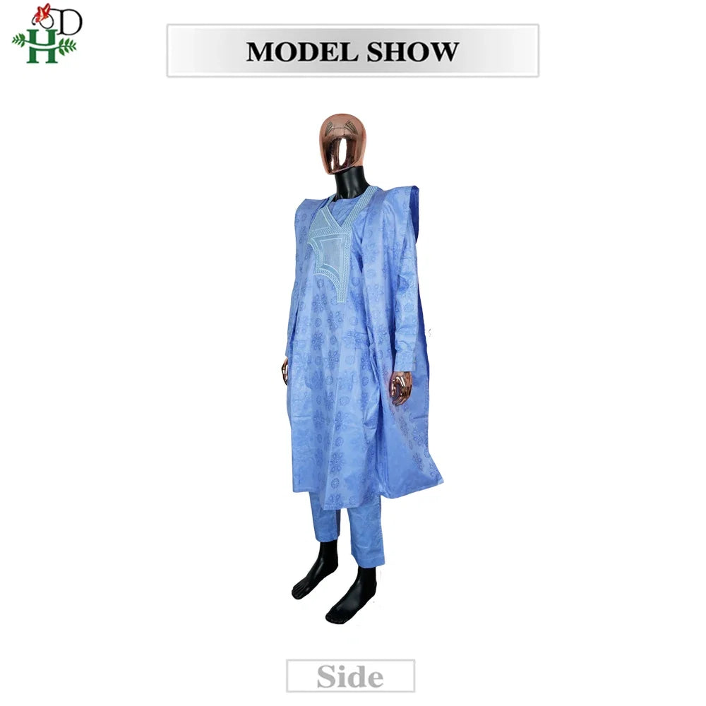 African Embroidery Blue Gown  Men Elegant Thobe 3 PC Top and Pants Suits Set