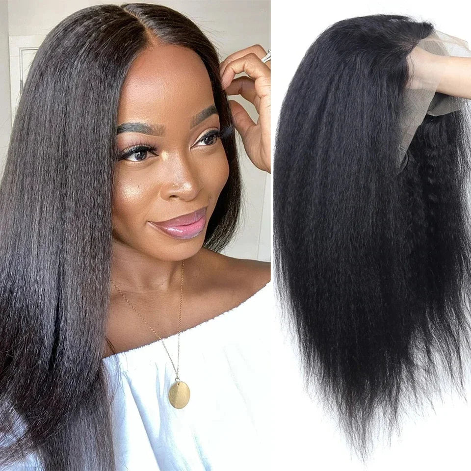 Kinky Straight Lace Front Human Hair HD Transparent Remy Glueless Lace Part Wigs for Women