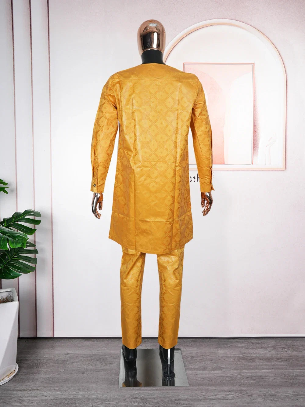 African Men Traditional Embroidery Bazin Riche Dashiki Yellow Shirt Pants 3PCS Bubu Dress Suit