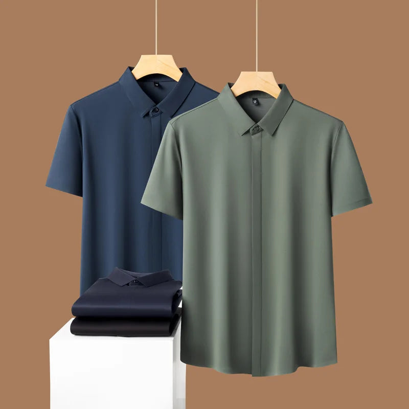 Stretch Men's Army Green Short-Sleeve Seamless & Wrinkle-Free Dress Shirt - Silk Blend- Business Casual Slim Fit Sizes M-3XL