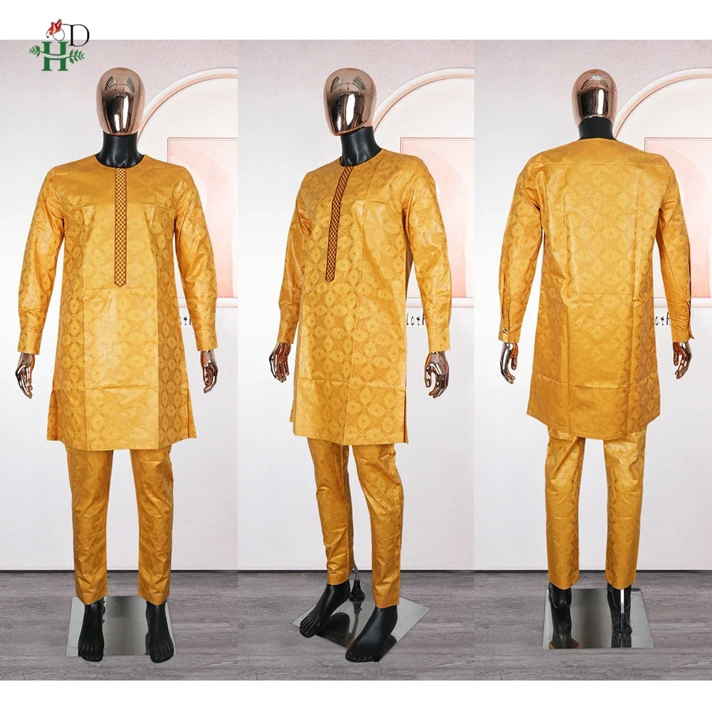 African Men Traditional Embroidery Bazin Riche Dashiki Yellow Shirt Pants 3PCS Bubu Dress Suit