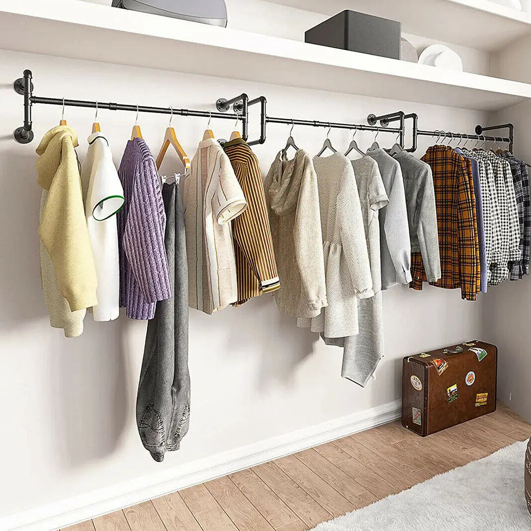 Industrial Pipe Clothing Rack, Heavy Duty, Wall Mounted, Garment Bar, Open Wardrobe Storage, Adjustable, 90 cm, 135 cm, 108cm