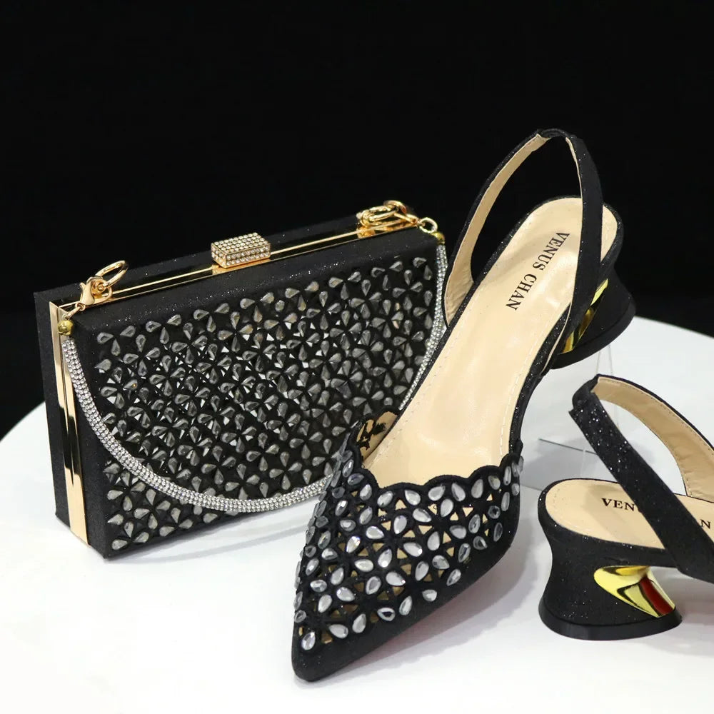 Hollowed Out Embroidery Rhinestone Pointed Toe Slingback Heels — Shoes Only or With Matching Bag | 5 Colours | EU 37–43
