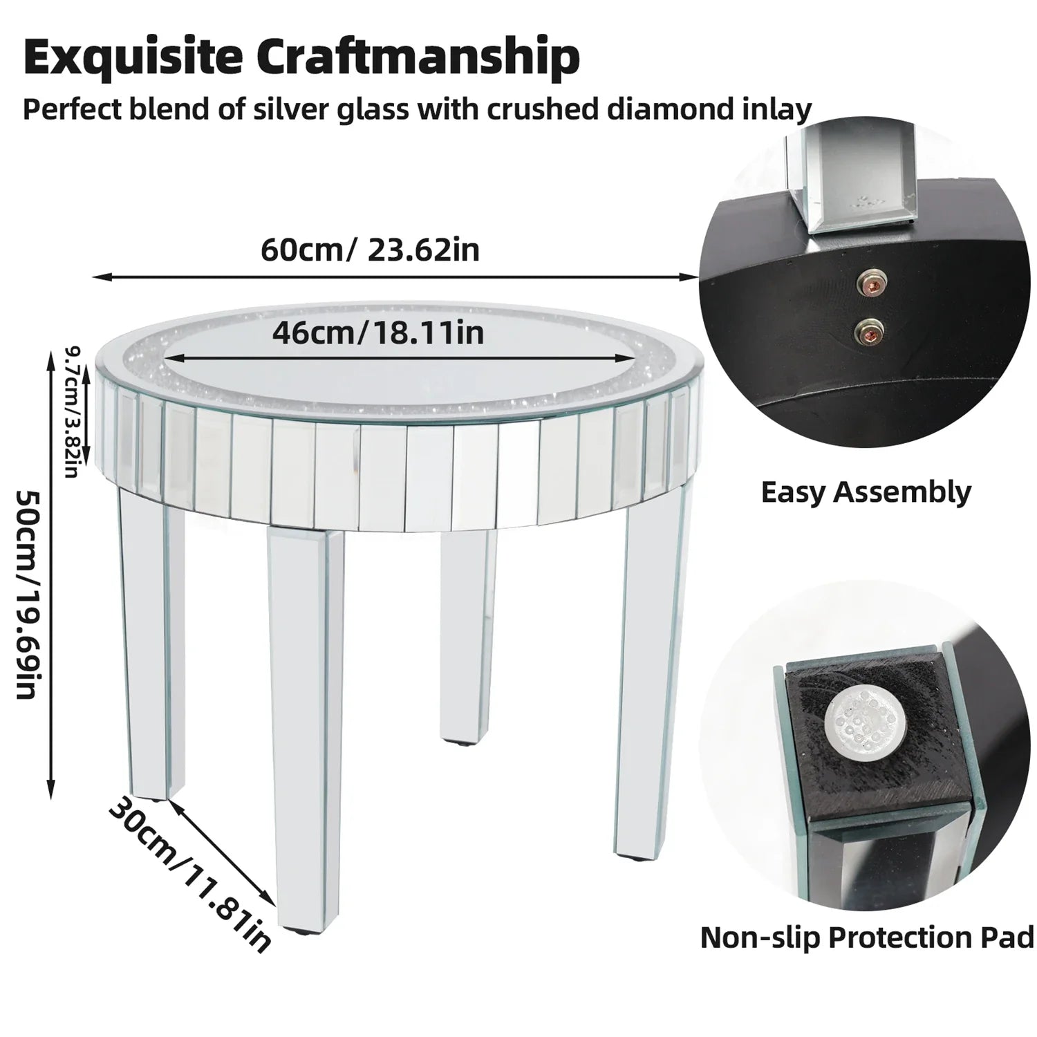 Crushed Crystal Round Mirrored Coffee Table, Sparkle Diamond, Sofa Side End Table, Accent Table, Bedside Table