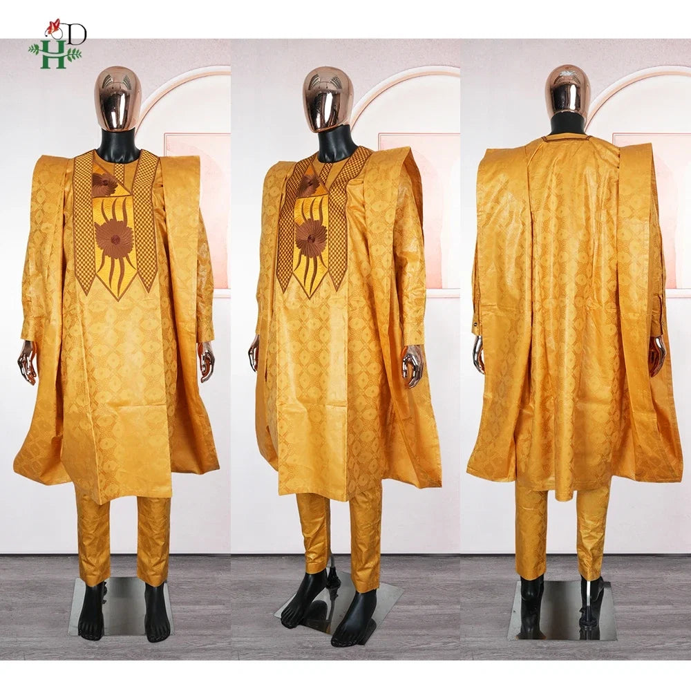 African Men Traditional Embroidery Bazin Riche Dashiki Yellow Shirt Pants 3PCS Bubu Dress Suit
