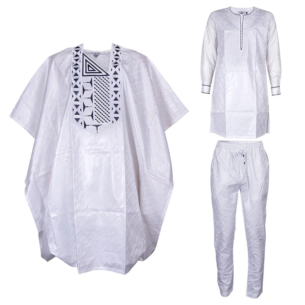 African Clothes for Men Traditional Rich Bazin Original Embroidery White Clothing Men 3 PCS Set Wedding Party Occasion 2024